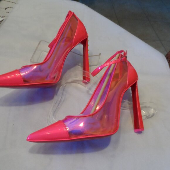 New Christian Louboutin Neon Pink PVC Studded Heel Mary Jane Pumps – IT 38.5B - Picture 5 of 16